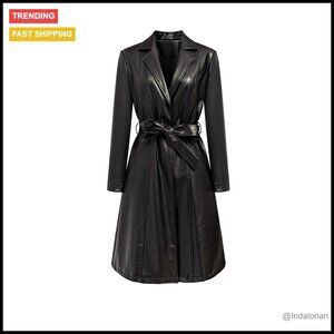 Faux Leather Trench Coat Motorcycle Biker Style Long Sleeve Belted Overcoat